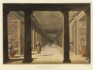 The library, Trinity College Dublin.  Eighteenth-century watercolour by James Malton