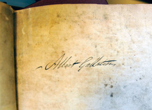 Gallatin's signature on the front flyleaf of 'The Laws of the Commonwealth of Pennsylvania' (Philadelphia, 1793)