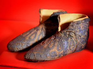 The slippers of Archbishop Walter on loan from Canterbury Cathedral on display in Magna Carta Law Liberty Legacy, British Library