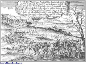 In 1745, the British ministry responded to a transnational lobbying campaign and interceded with the Queen of Hungary, Maria Theresa, in an effort to halt the expulsion of Ashkenazi Jews from Bohemia. This print, titled “Exodus of the Jews from Prague, 1745,” and published in the same year, shows the Jewish community of Prague leaving the city. See: http://www.jewishencyclopedia.com/articles/12329-prague
