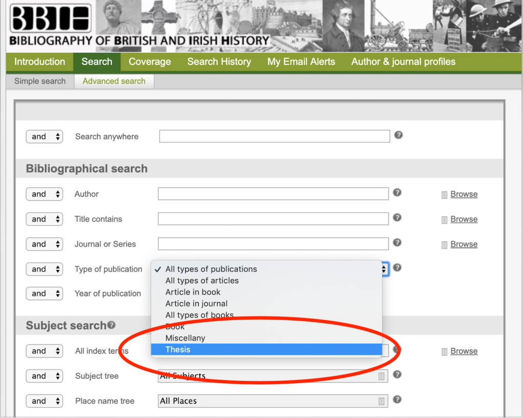 Screen shot of the Bibliography showing search by thesis option.