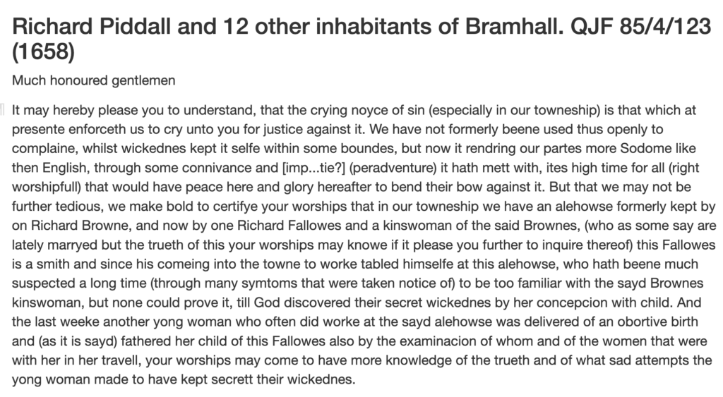 Screenshot of the Bramhall petition on British History Online