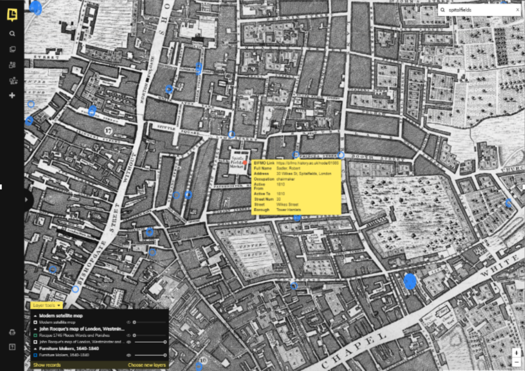 map of East London showing location of premises of Robert Sadler in Spitalfields, London.