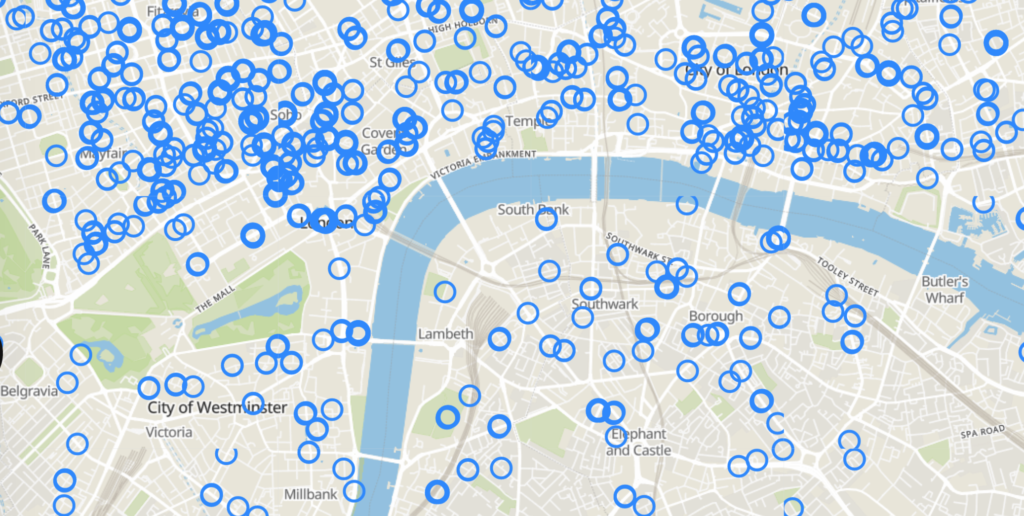 Central London map showing distribution of 2750 furniture makers by street.