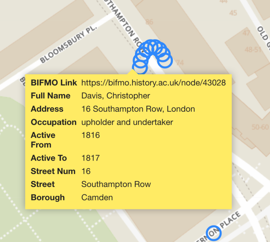Detail of map showing furniture makers active in Bloomsbury, with reference to the BIFMO record card.