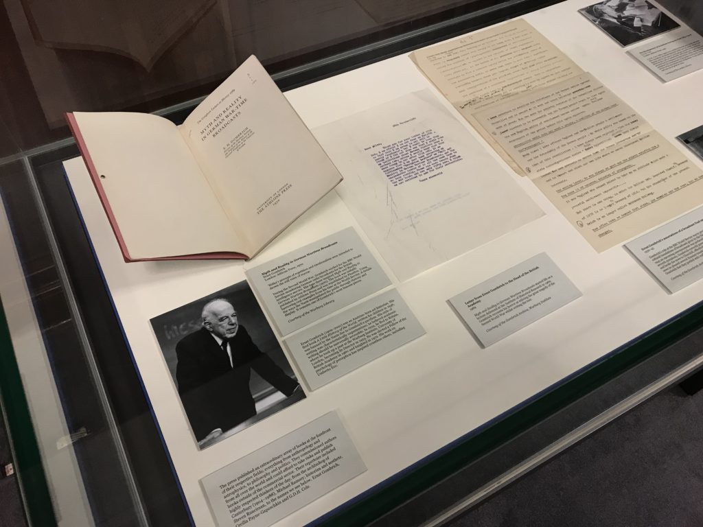 Cabinet showing items relating to Ernst Gombrich's publications with the Athlone Press.