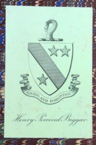 Bookplate belonging to Henry Percival Biggar, including crest, shield and motto with name beneath.