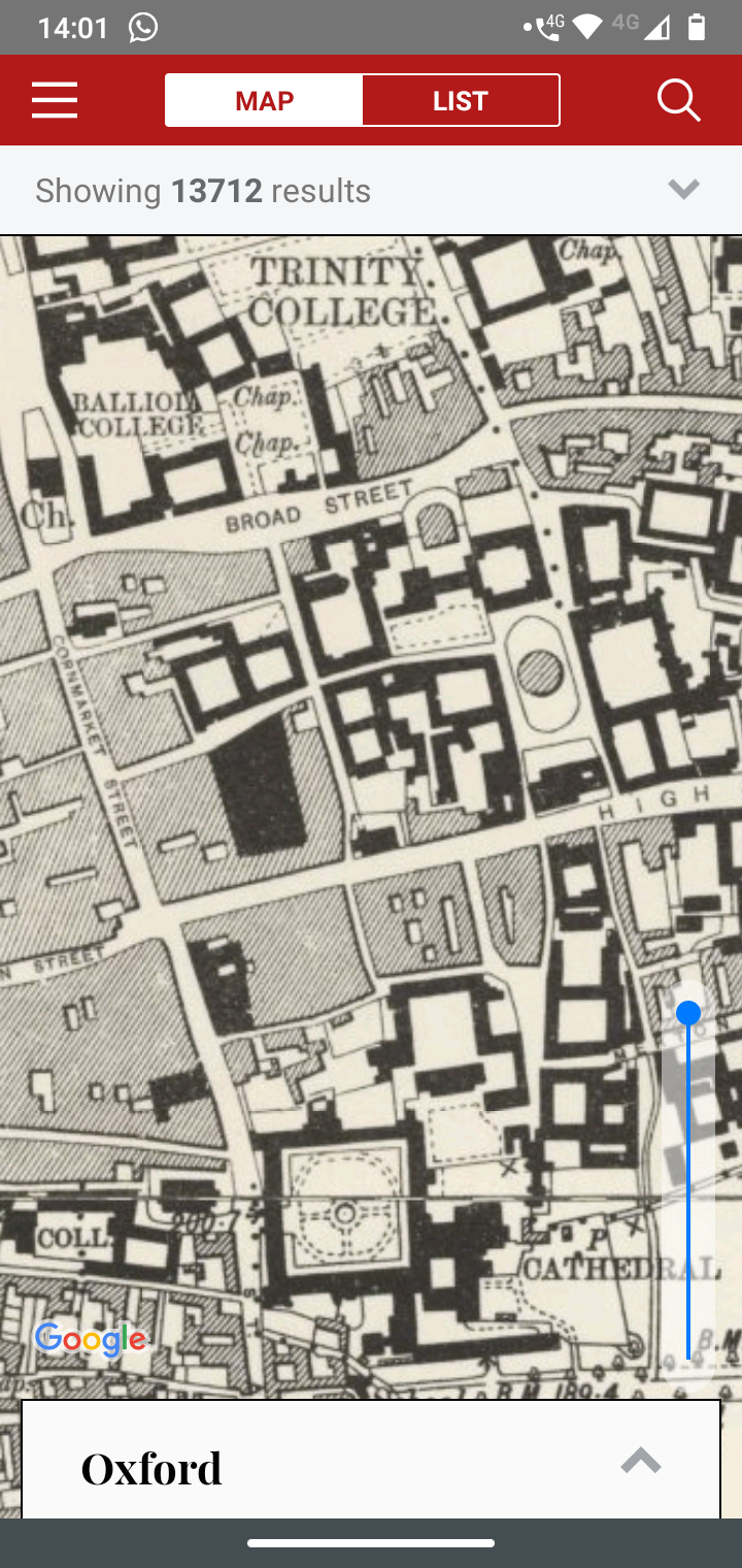 Screenshot from the 'History of England's Places' app showing an early OS map of the centre of Oxford.