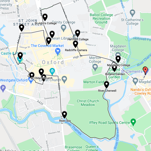 Map showing the walking route taken by Joe Chick around Oxford.