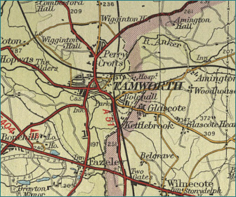 Map showing the county boundary of Staffordshire and Warwickshire whiche passes through the middle of Tamworth